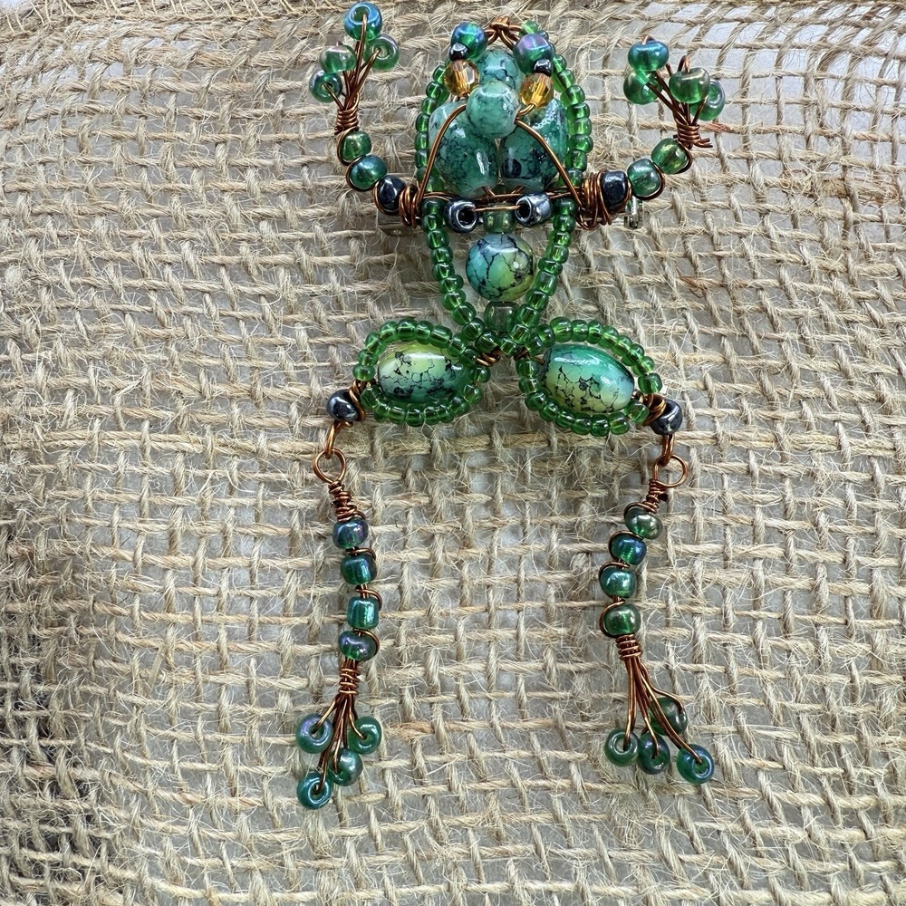 Handmade Beaded Frog Brooch Green Glass Copper Wire Whimsical Statement Pin
